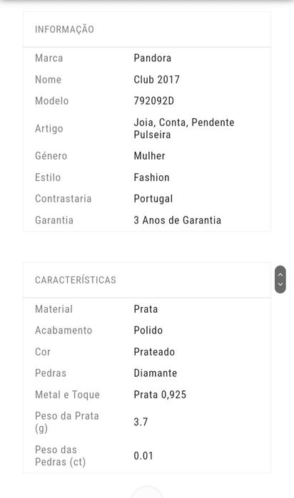 Conta pandora coracao original em prata e diamante