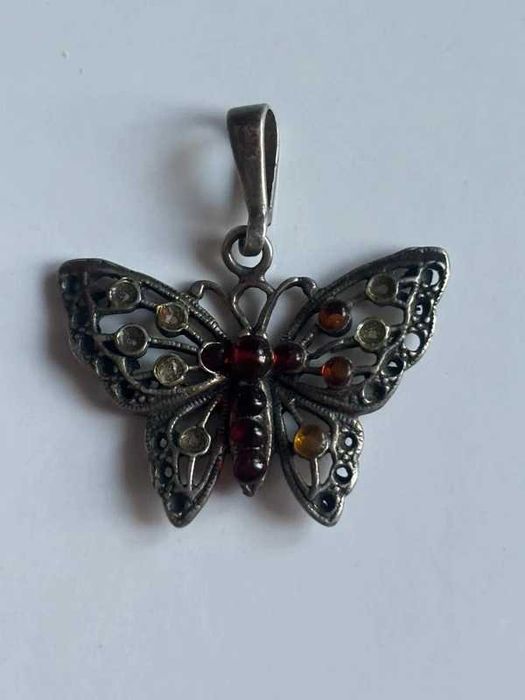 Stara Srebrna zawieszka motyl z bursztynem i kamieniami