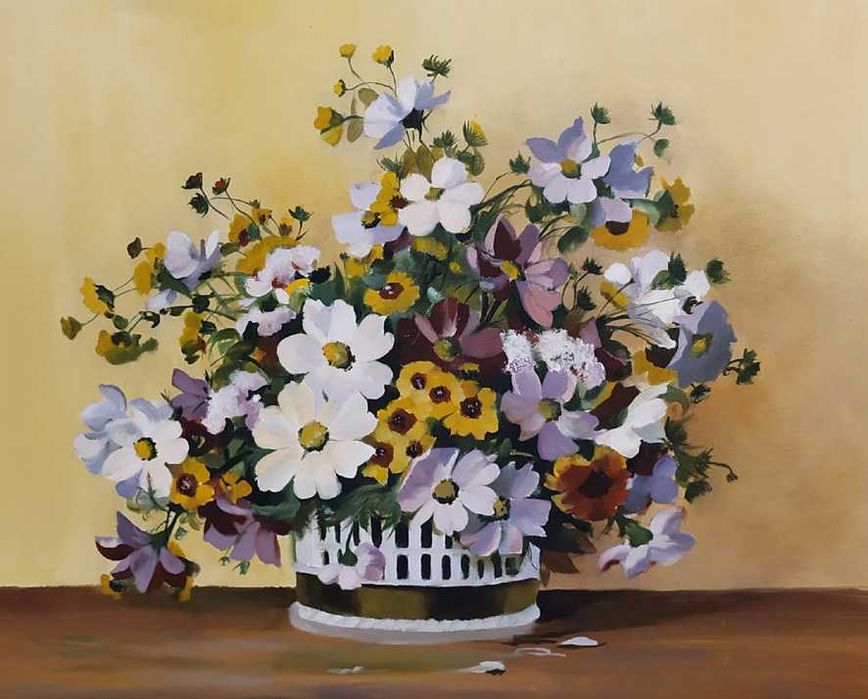 BRATKI /Bukiet kwiatów w koszu /  olej na płótnie w złotej ramie