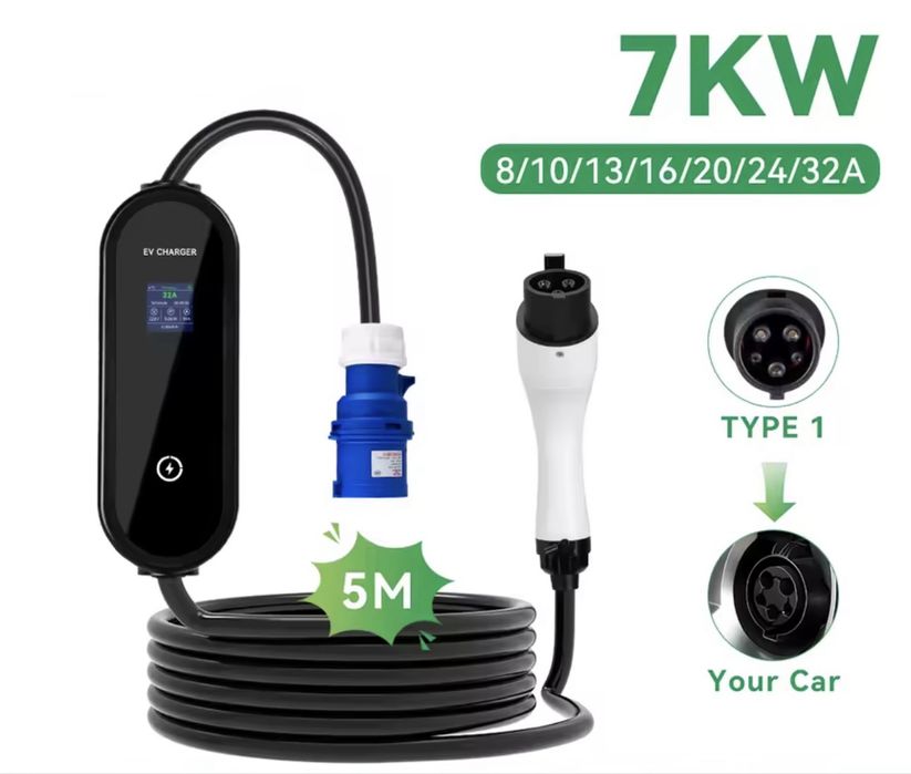 Розпродаж! EV Charger 32A Type1 Туре2 TESLA Зарядка 7 КВ 5м  кабель