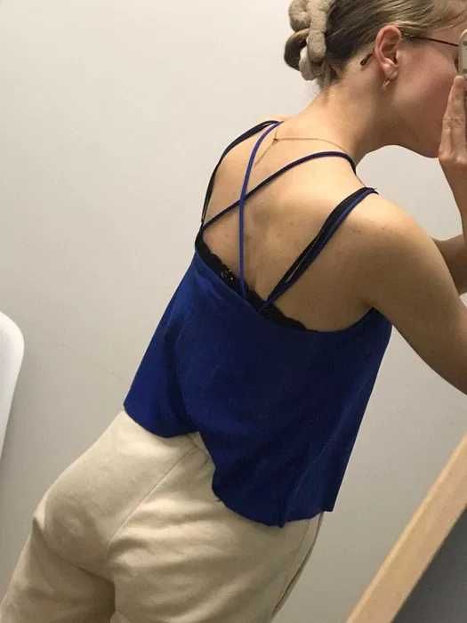 Granatowy top na ramiączkach na krzyż | damski crop top, letni, plecy