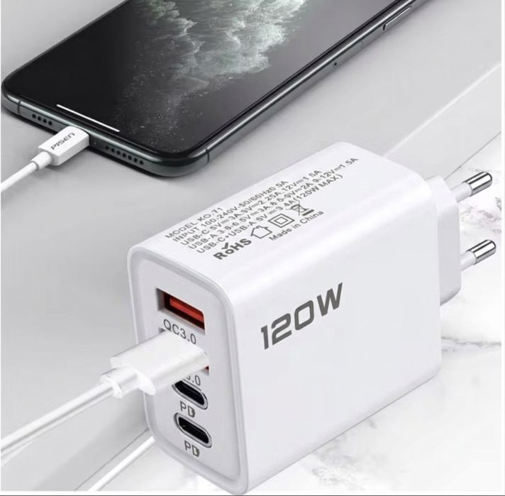 Ładowarka sieciowa 120W 4x Port (2x USB-C PD, 2x USB-A QC 3.0) Szybkie ładowanie