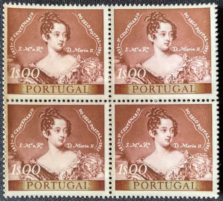 Quadra de selos novos de 1$00 - 1. Centenário do selo Português - 1953
