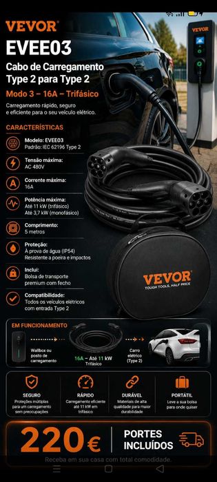 Cabo elétrico portátil 220€. Oportunidade