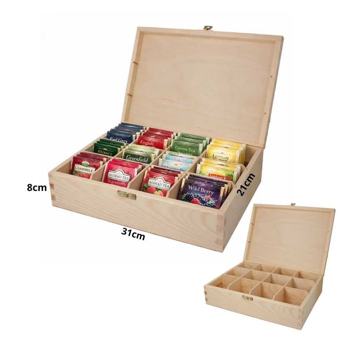 Drewniane PUDEŁKO na herbatę herbaciarka 12 przegródek