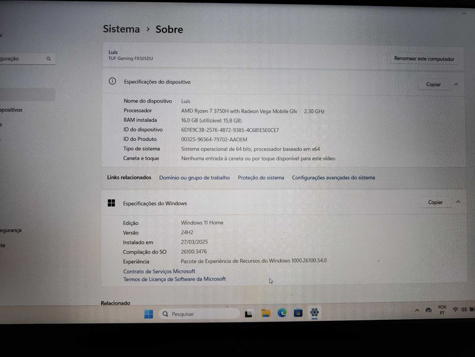 Vendo/troco Portátil Asus TUF FX505DD Gaming 16Gb AMD Ryzen 7