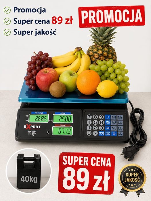 Elektroniczna waga sklepowa 40 kg magazynowa LCD kalkulacyjna akumulator przewód zasilający 230V