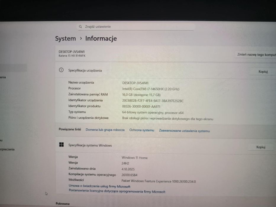 MSI Katana 15 HX B14WFK-605XPL i7-14650HX / 16 GB / 512 GB / RTX 5060