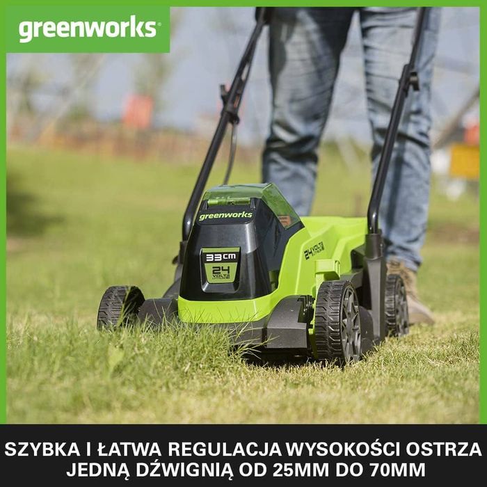 Greenworks GD24LM33K Kosiarka Akumulatorowa  do Mniejszych Trawników do 140m², Szerokość Koszenia 33cm, Torba 30L  Akumulator i Ładowarka