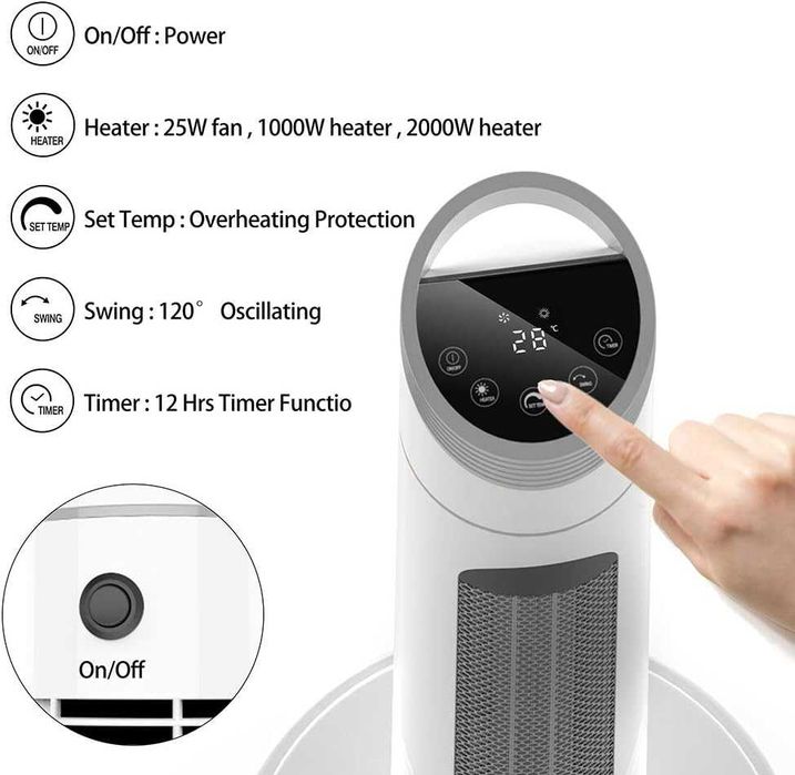 Aquecedor cerâmico com comando remoto e temporizador, 1000/2000w
