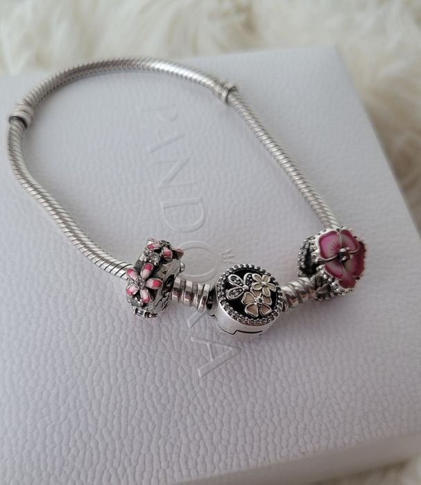 Pandora charms kwiatowy bratki klips flower clip różowy pink ALE