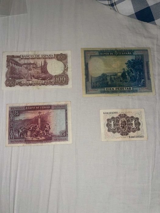 Notas vintage de Espanha 1 peseta,25 e 2 de 100