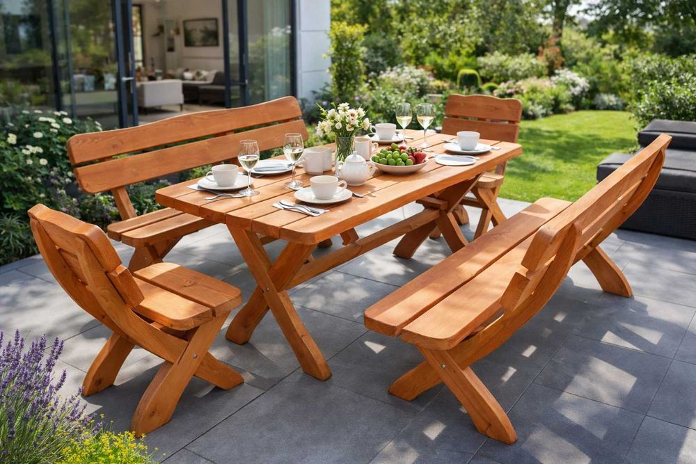 Drewniane meble grodowe 160 cm stół ławki krzesła lite drewno producen