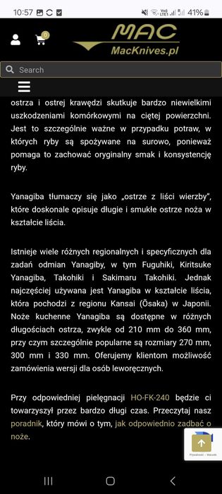 Nóż do sushi, sashimi - MAC HO-FK-240