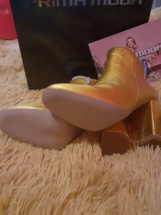 Złote botki na słupku Prima Moda skóra naturalna r. 38