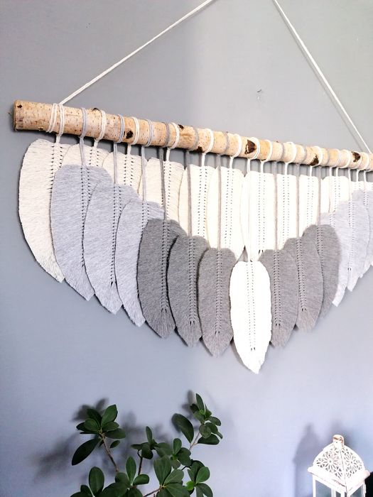 Makrama ścienna XXL Listki szare duże BOHO piórka