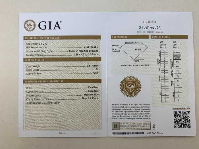 Diamante cushion de 0.51ct, cor G, claridade VVS1 e corte Excelente