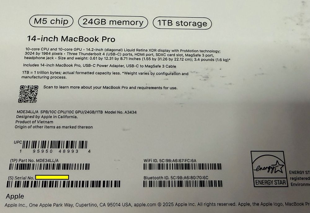 MacBook Pro 14 M5/10 CPU/ 10 GPU/ 24 ram/ 1TB Space Black MDE34