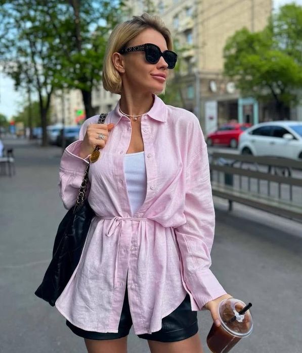 Лляна сорочка з поясом Zara рубашка