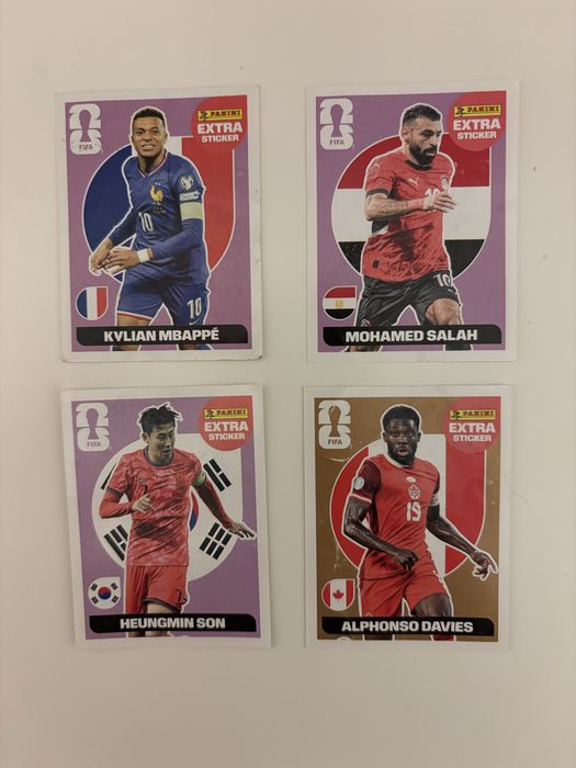4 Extra Stickers Panini Mundial 2026 – Mbappé, Salah, Son + Davies Bronze