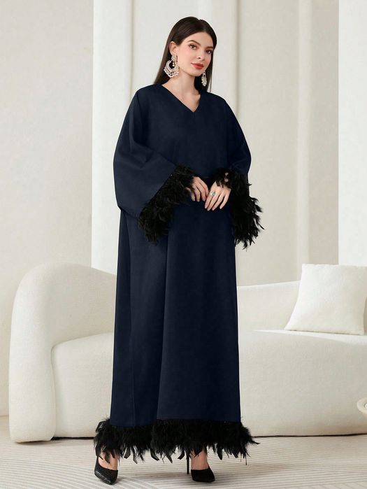 Sukienka W Stylu Arabskim Maxi Zdobiona Piórami Granatowa Shein S 36