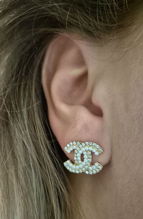 Kolczyki cc perełki białe cyrkonie błyszczące 1.2 cm złote wkrętki sta