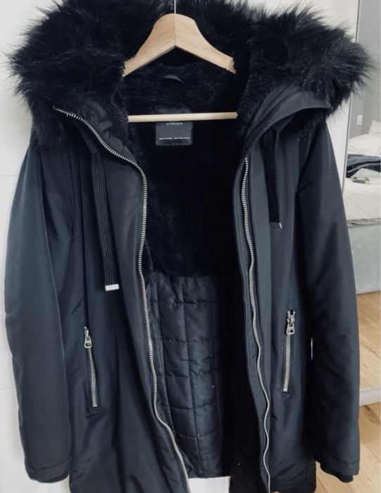 Piękny zimowy płaszcz Zara, ciepła czarna damska parka