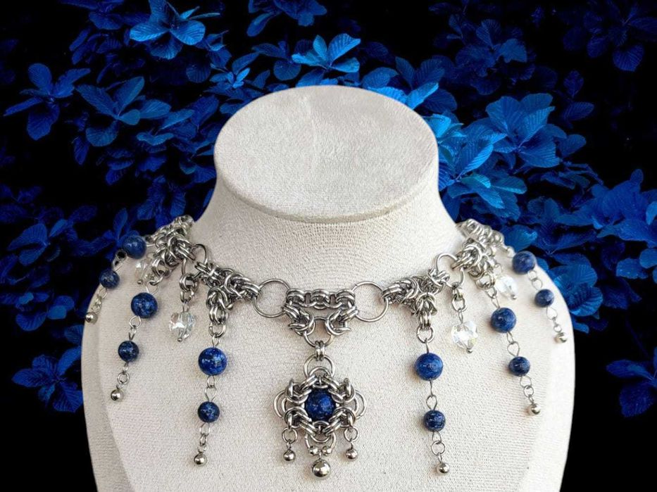 Choker Chainmaille Kamień Naturalnny Sodalit Stal Chirurgiczna