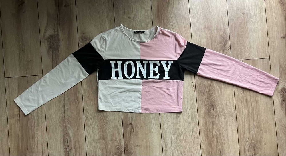 Crop Top SHEIN XS 34 S 36 Nowy Różowy Biały Czarny Napis Honey Pudełkowy Komplet Długi Rękaw Y2K Swtwop07191101 Raglan Klasyk