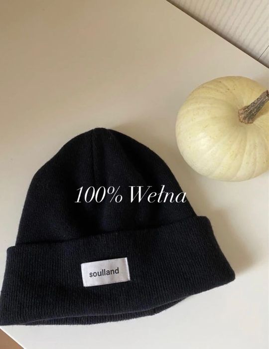 Soulland czarna prążkowana czapka beanie 100% wełna wool Made in Italy