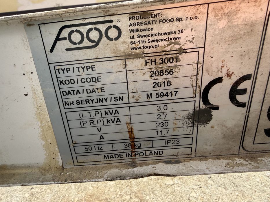 Agregat prądotwórczy FOGO FH3001 | 3 kW | Honda 2016 – SERWIS – stan bdb