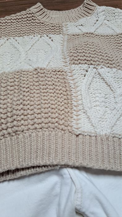Sweter patchworkowy pull&bear r.S oversize splot warkoczowy waflowy