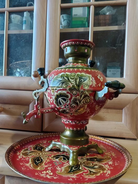 Продам електричний самовар з підносом — мідний, з ручним розписом