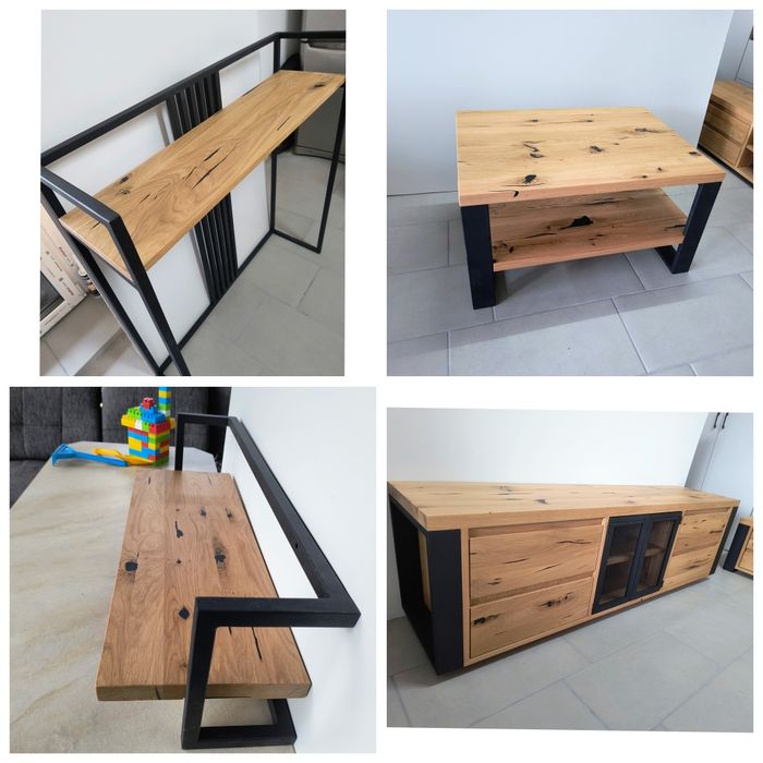 Komoda dębowa zestaw, meble Loft, stolik kawowy