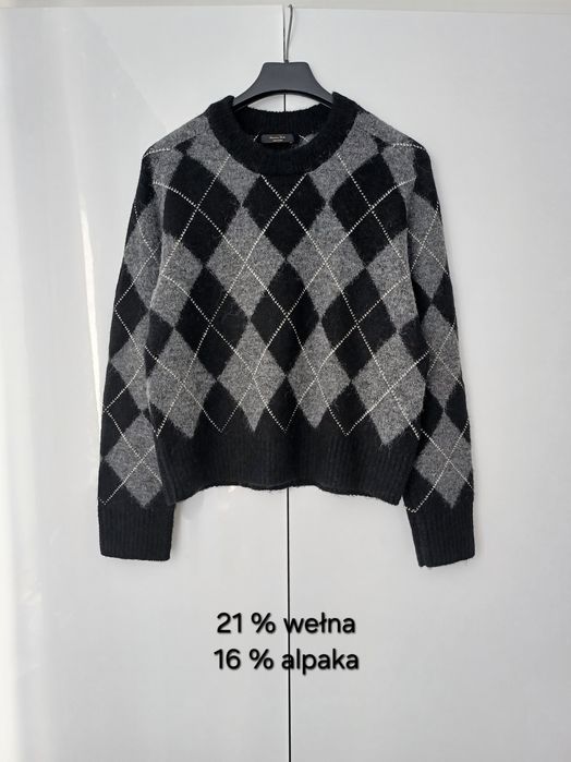 Massimo Dutti wełniany sweter damski w romby czarny szary wełna alpaka viral