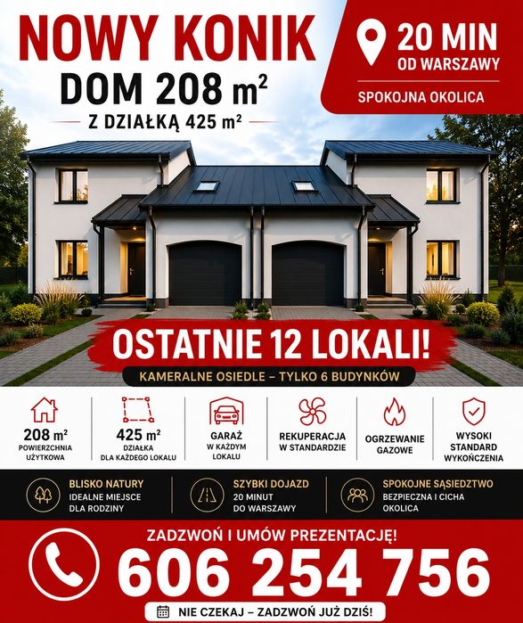 Dom Kanadyjska 1 Konik Nowy 208m2 działka 425m2 gaz, woda ,kanalizacja . Garaż  Blisko Warszawy