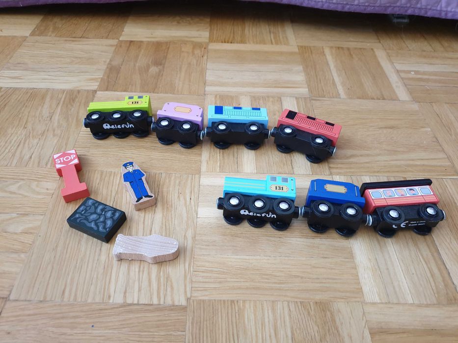 Drewniany Pociąg Magnetyczny Kolejka Elefun Wagoniki Figurki Magnes