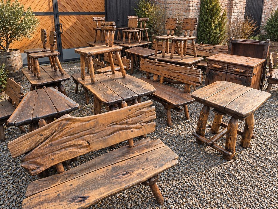 Meble do karczmy, restauracji, zajazdu – lite drewno, ręczna robota, góralskie KOMPLETNY GOTOWY ZESTAW! Faktura VAT