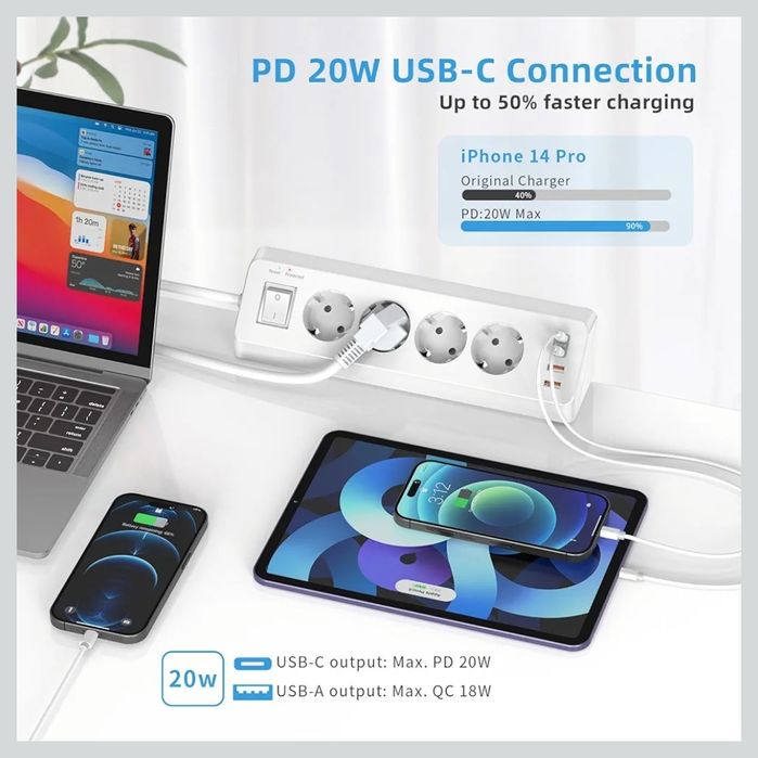 Gniazdo stołowe z USB C (PD 20 W), listwa zasilająca 8 w 1