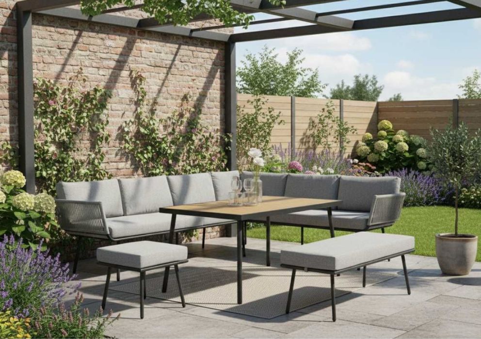 Nowy zestaw mebli ogrodowych narożnik + stół + pufy