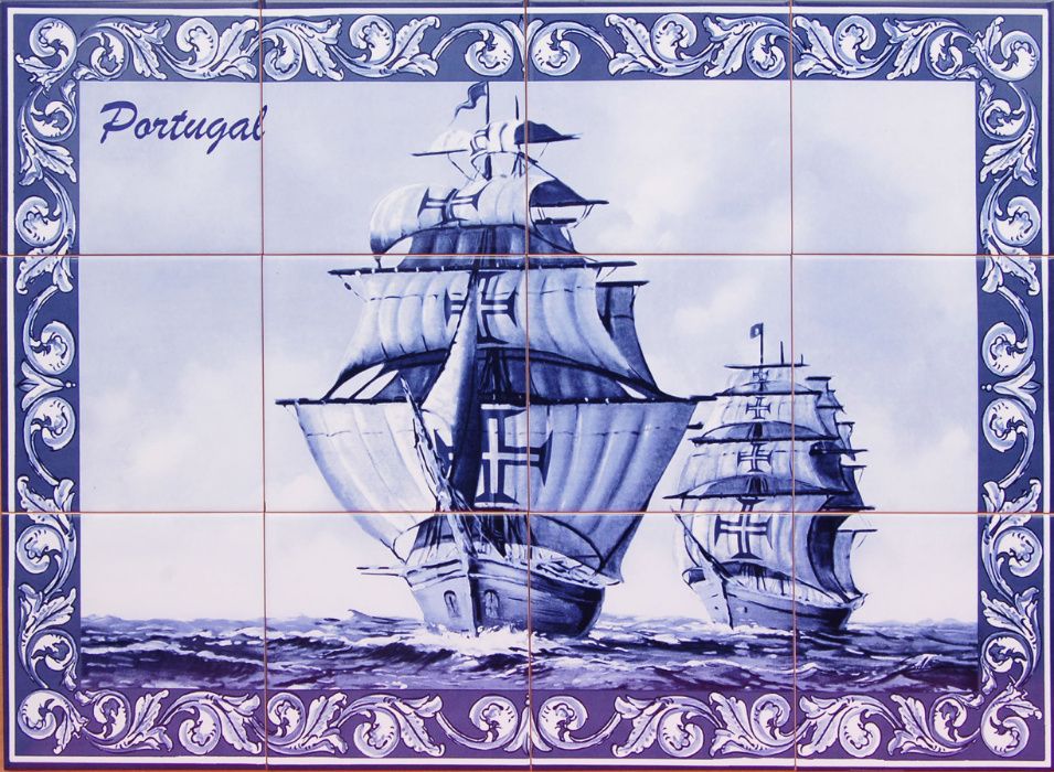 Painel GRANDE NOVO Caravelas Azul 60X45cm Mar Barcos Oceano Portuguesa