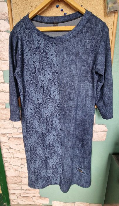 Sukienka szaro – granatowa klasyczna do kolan długi rękaw XL