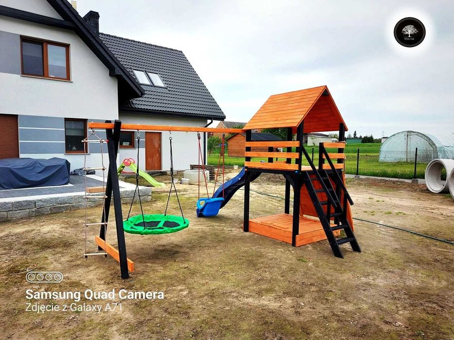 Drewniany plac zabaw komplet, domek dziecięcy, wspinaczka, montaż
