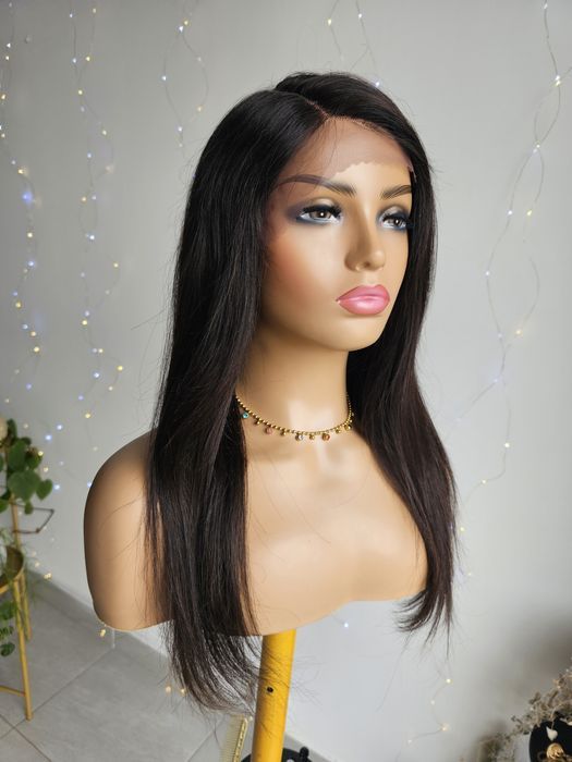 Długa peruka z włosów naturalnych ciemny brąz naturalna czerń Aga 22