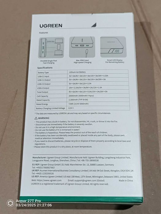 NOWY! Powerbank 20000mAh Ugreen PB720, USB + 2x USB-C, 100W PD szary