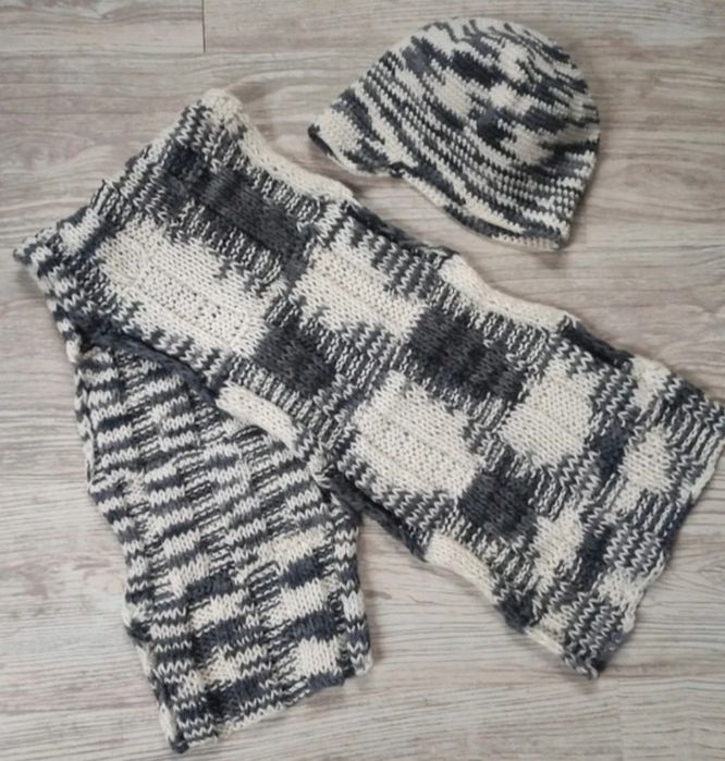 Komplet czapka szalik szaro-biały, handmade