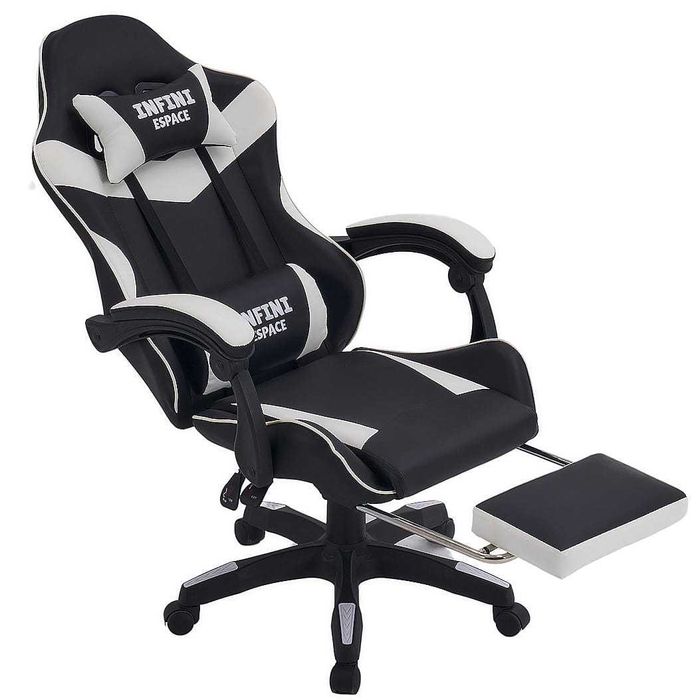 Fotel Gamingowy Espace Black/White - Idealny dla gracza, z podnóżkiem