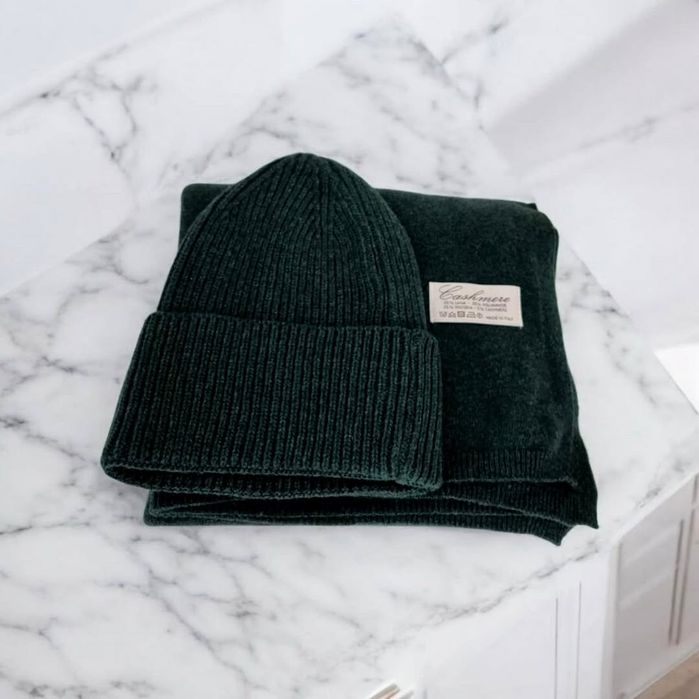 Komplet butelkowa zieleń cashmere czapka i szalik najmodniejszy