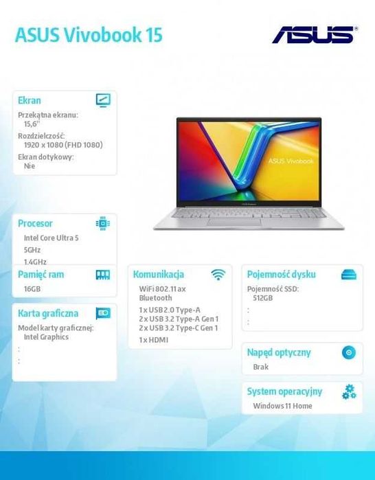 NOWY Asus Vivobook 15 X1504VA-BQ2919W Intel Core 5 5GHz/16GB RAM/512GB M2/Win11