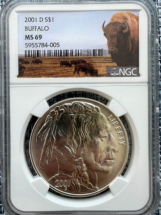 Долар США 2001 рік. "D". BUFFALO. Слаб від NGS MS 69. СРІБЛО.